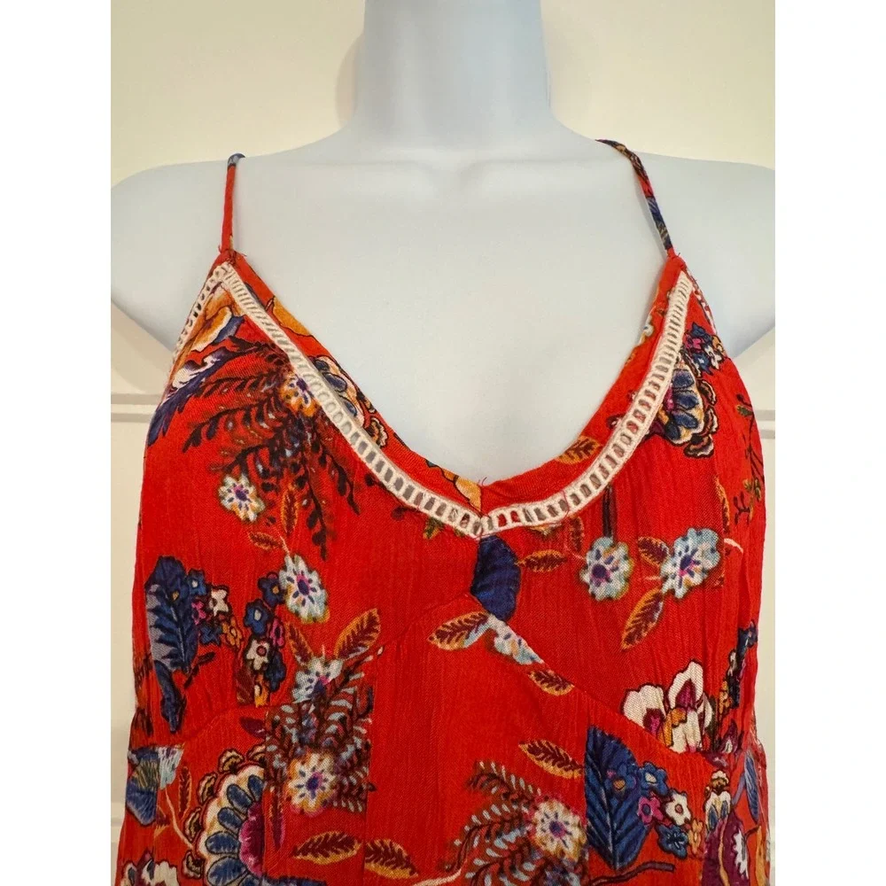 Patrons of Peace Red Floral Boho Maxi Dress Crochet Trim Smocked Back Medium - Picture 6 of 7
